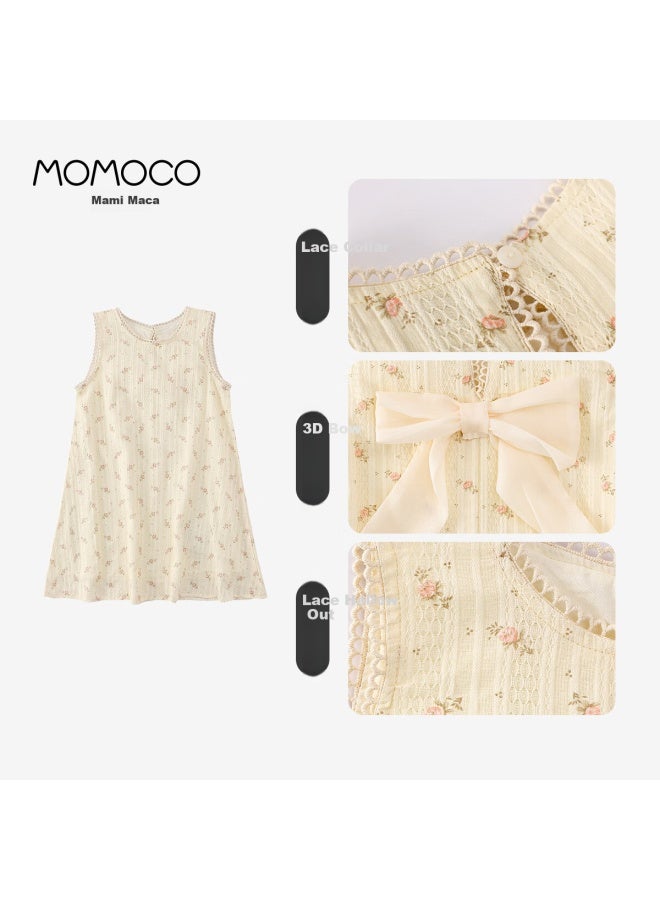 Mami Maka Momoco Girls' Summer Dress, Children's Fashionable Summer Pure Cotton Sweet Sleeveless Dress, Floral Pattern, Size 120