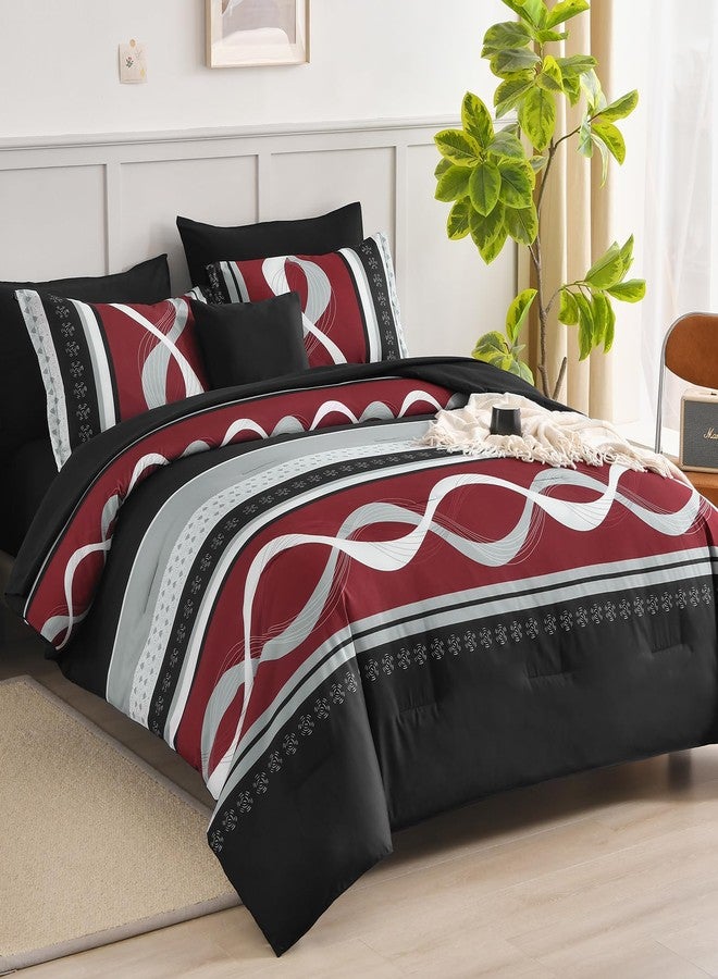 Anibedding Burgundy Comforter Set Queen Size, 8 Pieces Striped Bed in a Bag, Patchwork Comforter with Sheets Set Soft Microfiber Boho Bedding Sets(90"×90") - Image 2