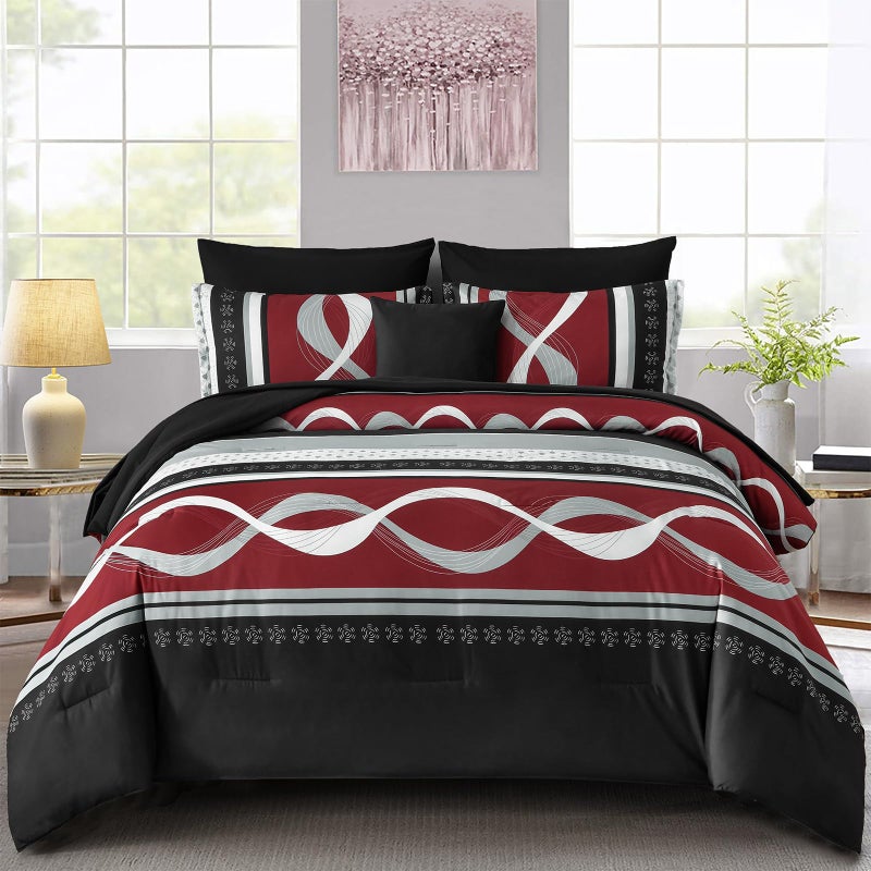 Anibedding Burgundy Comforter Set Queen Size, 8 Pieces Striped Bed in a Bag, Patchwork Comforter with Sheets Set Soft Microfiber Boho Bedding Sets(90"×90") - Image 1