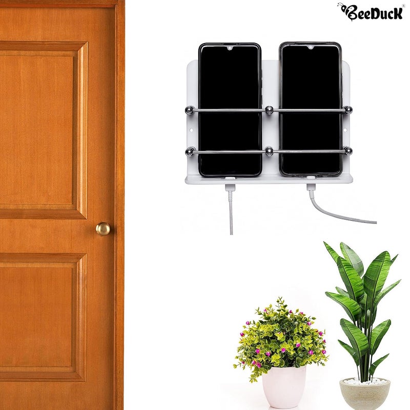 BeeDuck White Acrylic Double Mobile Holder Stand for Mobile Charging, TV & AC Remote Holding and Keys Hanging at Home, Office, Bedroom, Hotel Wall Mount Multipurpose Stand - Image 2