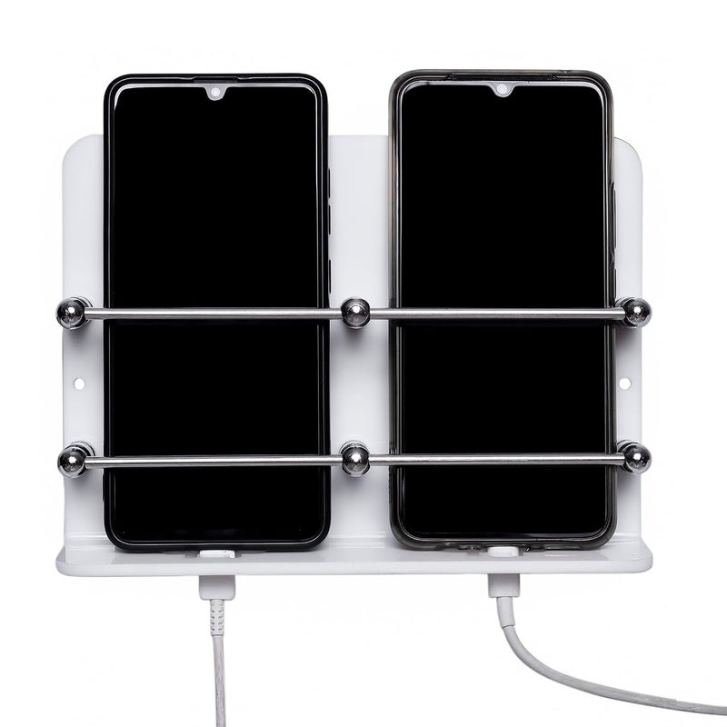 BeeDuck White Acrylic Double Mobile Holder Stand for Mobile Charging, TV & AC Remote Holding and Keys Hanging at Home, Office, Bedroom, Hotel Wall Mount Multipurpose Stand - Image 1