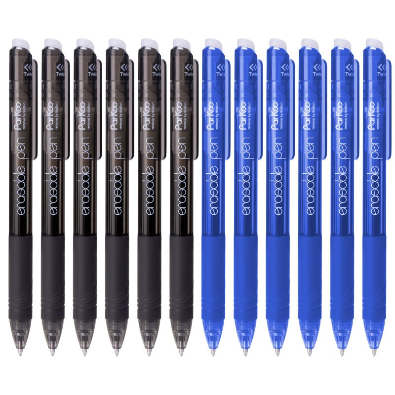 ParKoo Retractable Erasable Gel Pens 0.7mm, 6 Black/6 Blue Twist Pens Fine Point, Make Mistakes Disappear, Smooth Writing with Comfortable Grip for Journaling Drawing Note Taking - Image 1