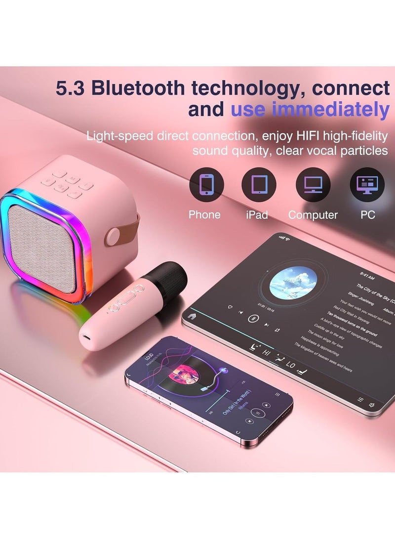 FLOWING Mini Karaoke Machine for Kids Adults, Portable Bluetooth Karaoke Speaker with 2 Wireless Mics and LED Color Lights,Karaoke Gifts for Girls and Boys Birthday Home Party(Pink) - Image 4