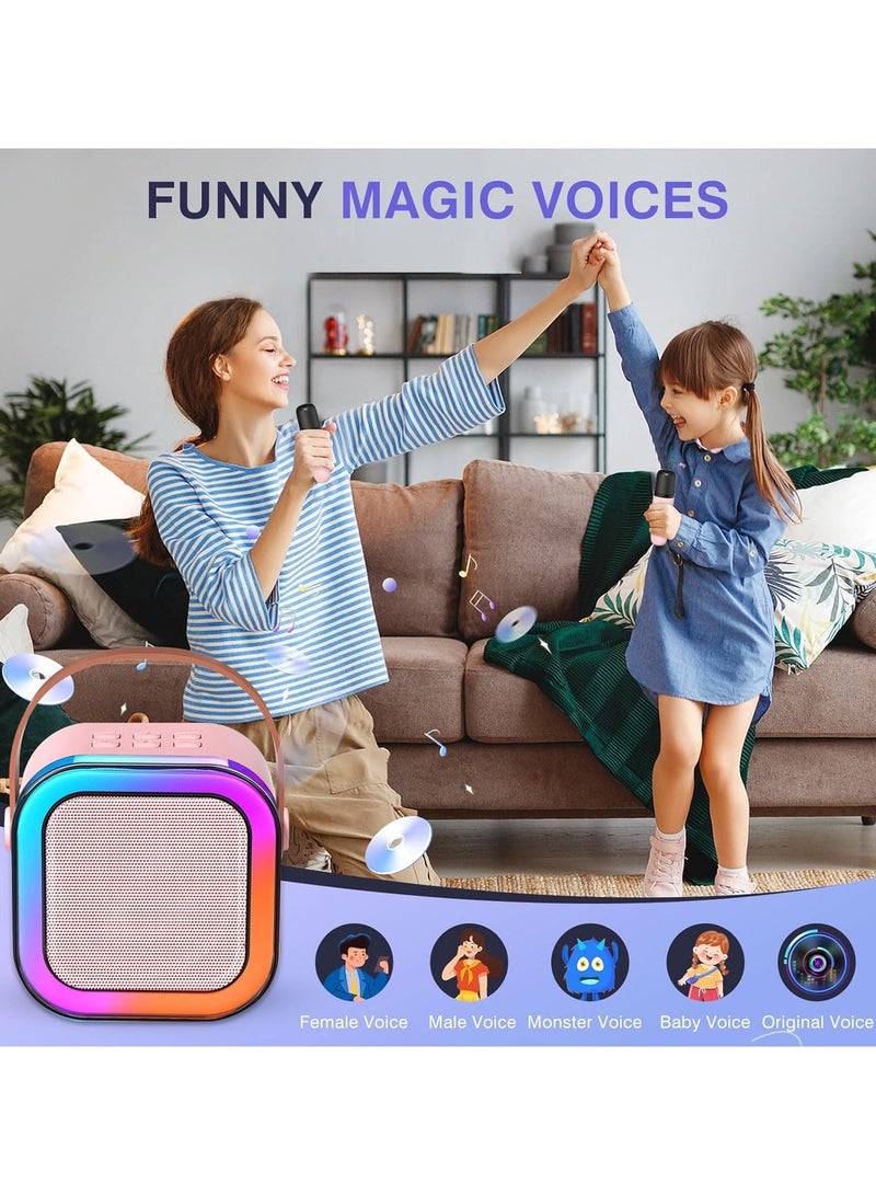 FLOWING Mini Karaoke Machine for Kids Adults, Portable Bluetooth Karaoke Speaker with 2 Wireless Mics and LED Color Lights,Karaoke Gifts for Girls and Boys Birthday Home Party(Pink) - Image 3