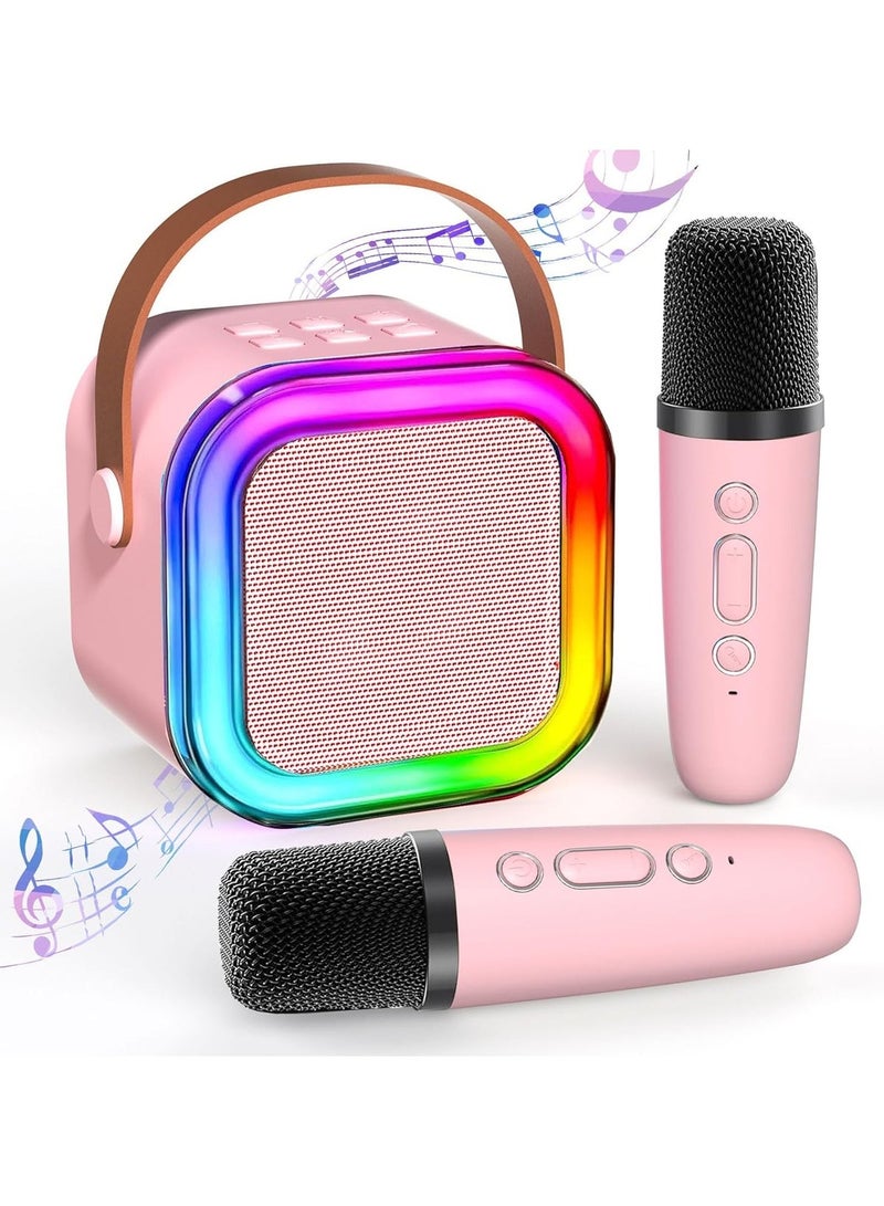 FLOWING Mini Karaoke Machine for Kids Adults, Portable Bluetooth Karaoke Speaker with 2 Wireless Mics and LED Color Lights,Karaoke Gifts for Girls and Boys Birthday Home Party(Pink) - Image 1