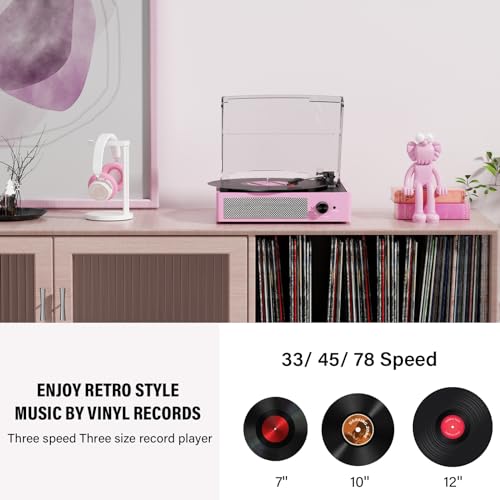 cotsoco Vinyl Record Player with 2 Stereo Speakers Belt-Driven Vintage Turntables 3 Speed 3 Size Wireless Bluetooth Playback AUX-in RCA Out Headphone LP Vinyl Players Auto Stop Pale Pink - Image 4