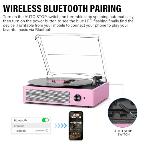 cotsoco Vinyl Record Player with 2 Stereo Speakers Belt-Driven Vintage Turntables 3 Speed 3 Size Wireless Bluetooth Playback AUX-in RCA Out Headphone LP Vinyl Players Auto Stop Pale Pink - Image 3