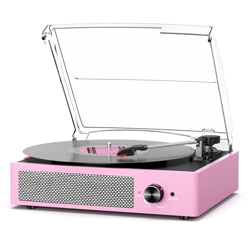 cotsoco Vinyl Record Player with 2 Stereo Speakers Belt-Driven Vintage Turntables 3 Speed 3 Size Wireless Bluetooth Playback AUX-in RCA Out Headphone LP Vinyl Players Auto Stop Pale Pink - Image 1