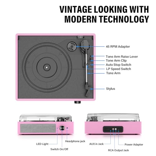 cotsoco Vinyl Record Player with 2 Stereo Speakers Belt-Driven Vintage Turntables 3 Speed 3 Size Wireless Bluetooth Playback AUX-in RCA Out Headphone LP Vinyl Players Auto Stop Pale Pink - Image 2