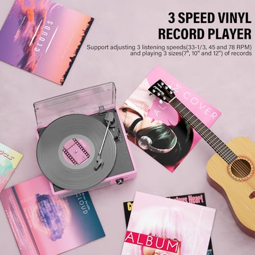 cotsoco Vinyl Record Player with 2 Stereo Speakers Belt-Driven Vintage Turntables 3 Speed 3 Size Wireless Bluetooth Playback AUX-in RCA Out Headphone LP Vinyl Players Auto Stop Pale Pink - Image 5