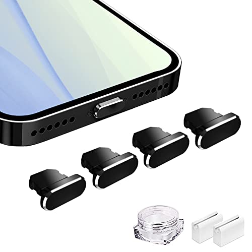 VIWIEU Anti Dust Plugs Metal Cover Compatible with iPhone 14 13 12 11 X XS XR 8 7 SE Mini Plus Pro Max iPad AirPods 4 Pack, Lightning Charging Port Dust Caps Protector with Plug Holder (Black) - Image 1