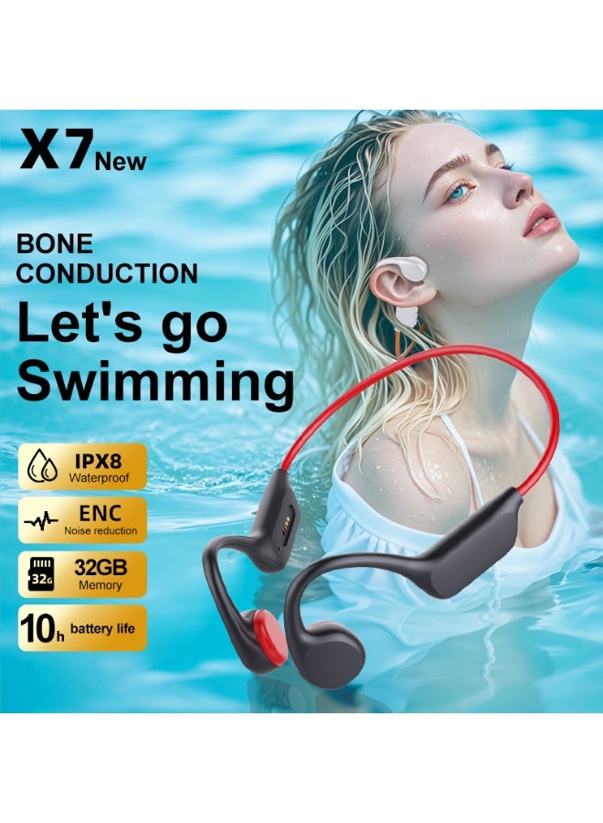 Black-red  Bone Conduction Bluetooth Headphones, Open Ear Wireless Sports Earphones with Comfortable Long Wear Design, Waterproof Running Swimming Headset for Adults - Image 1