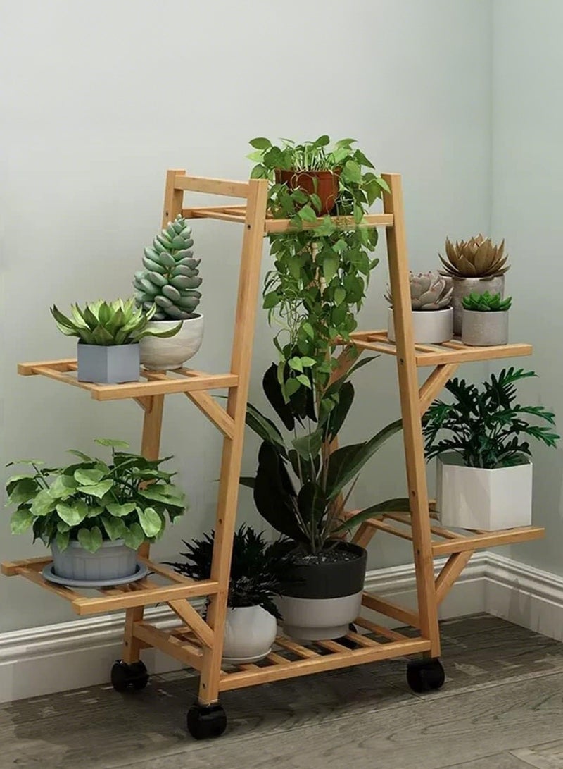 XiuWoo Bamboo Triangle Plant Stand with Wheels,Indoor and Outdoor Rolling Plant Shelf,Corner Plant Holder for Flower Pot Display Rack for Living Room, Balcony, Patio, Garden - Image 1