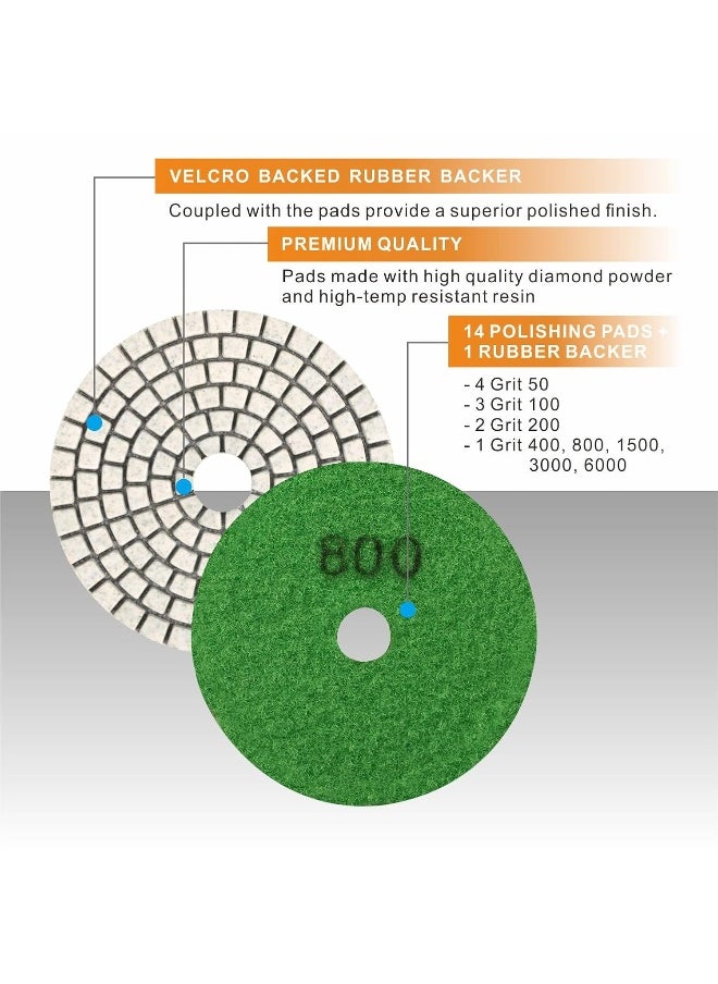 Generic SPTA 15pcs Diamond Wet Polishing Pads Set, 4 inch Pads for Granite Stone Concrete Marble Floor Grinder or Polisher, 50#-6000# with Hook & Loop Backing Holder Pads for Wet Polisher  - Image 3