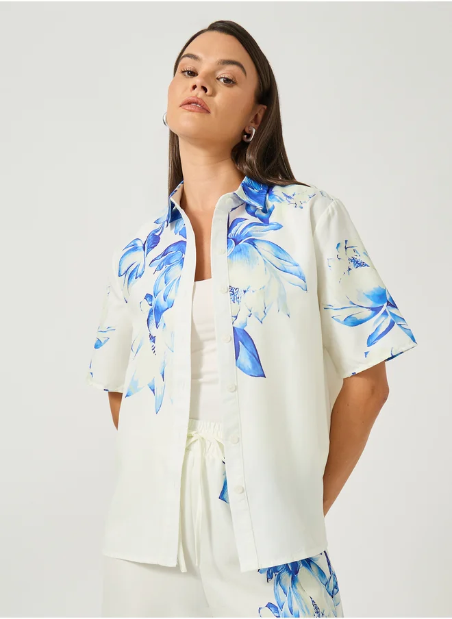 Styli Styli Floral Placement Print Short Sleeve Regular Fit Shirt