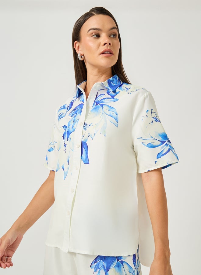 Styli Floral Placement Print Short Sleeve Regular Fit Shirt - Image 3