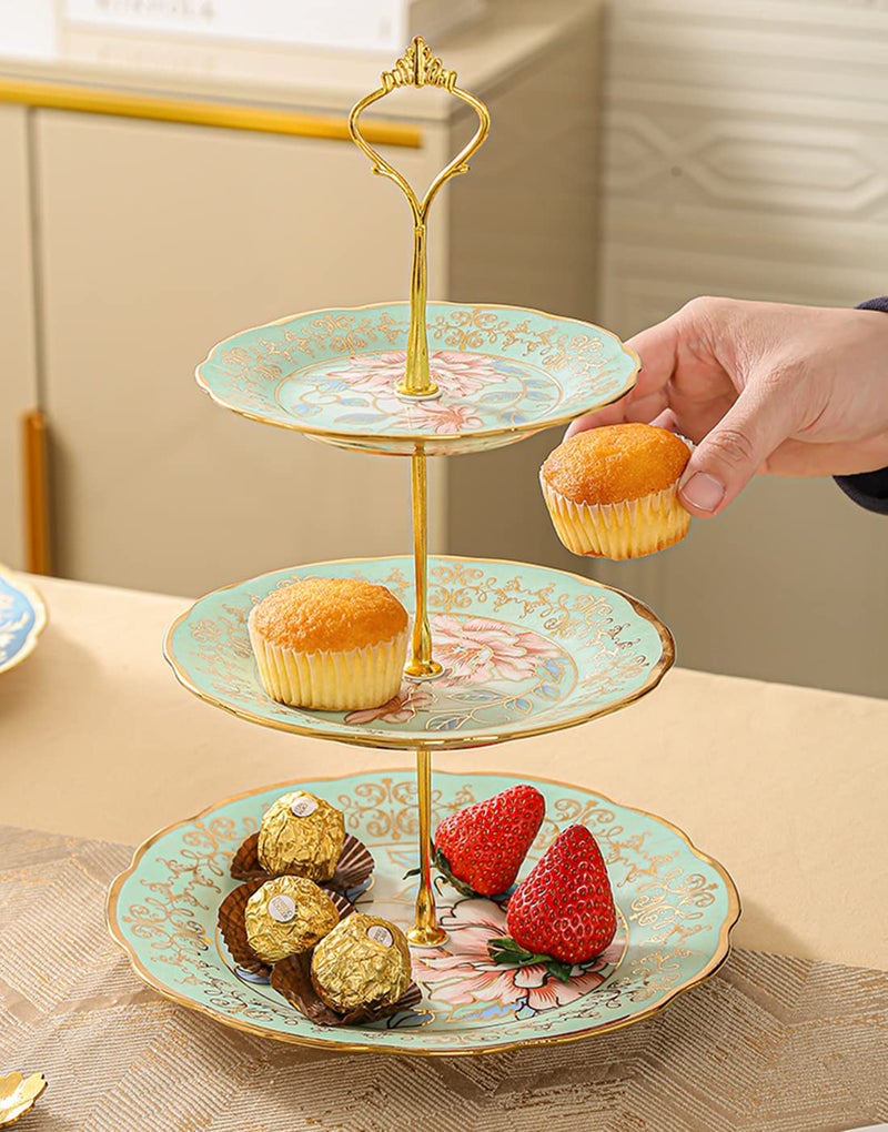 CHANJOON 3 Tier Ceramic Vintage Cake Stand with Beautiful Classic Rose Pattern, Food Rack for Displaying Cake Platter - Image 3