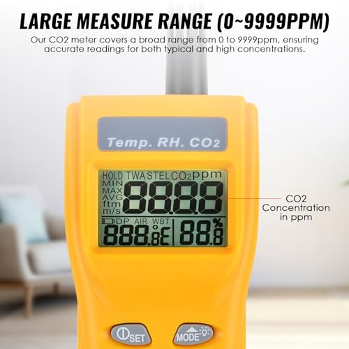 DANOPLUS CO2 Meter Handheld CO2 Detector, 0-9999ppm Digital CO2 Monitor Temperature and Humidity Meter Carbon Dioxide Detector with NDIR Sensor Buzzer Alarm and Clibration Function for Home Grow Room - Image 3