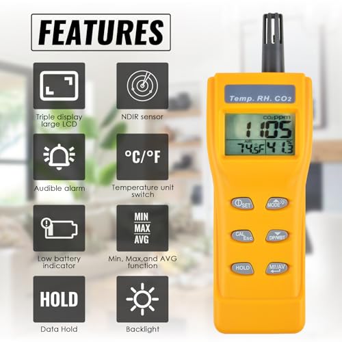DANOPLUS CO2 Meter Handheld CO2 Detector, 0-9999ppm Digital CO2 Monitor Temperature and Humidity Meter Carbon Dioxide Detector with NDIR Sensor Buzzer Alarm and Clibration Function for Home Grow Room - Image 2
