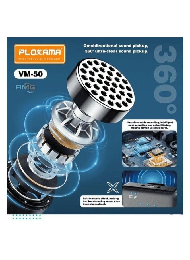 بلوكاما PLOKAMA VM-50 ميكروفون لاسلكي احترافي بمشبك ناقل الحركة 2.4 جيجا | استقبال مزدوج | قطن مقاوم للرياح | بطارية 200 مللي أمبير | التوصيل والتشغيل - Image 2