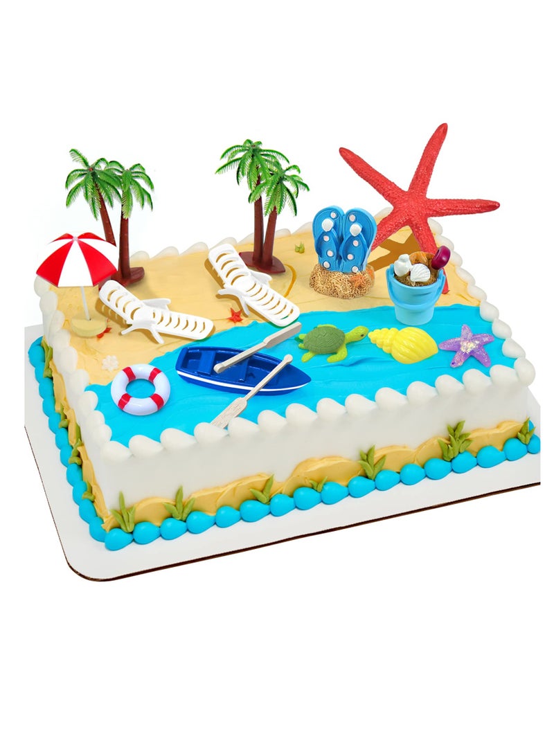 Beach Chair Umbrella Cake Decoration, 15Pieces Summer Ocean Cake Toppers, Tropical Hawaiian Aloha Luau Theme Party Decorations Supplies for Pool Party Birthday Weddings Baby Shower  - Image 1