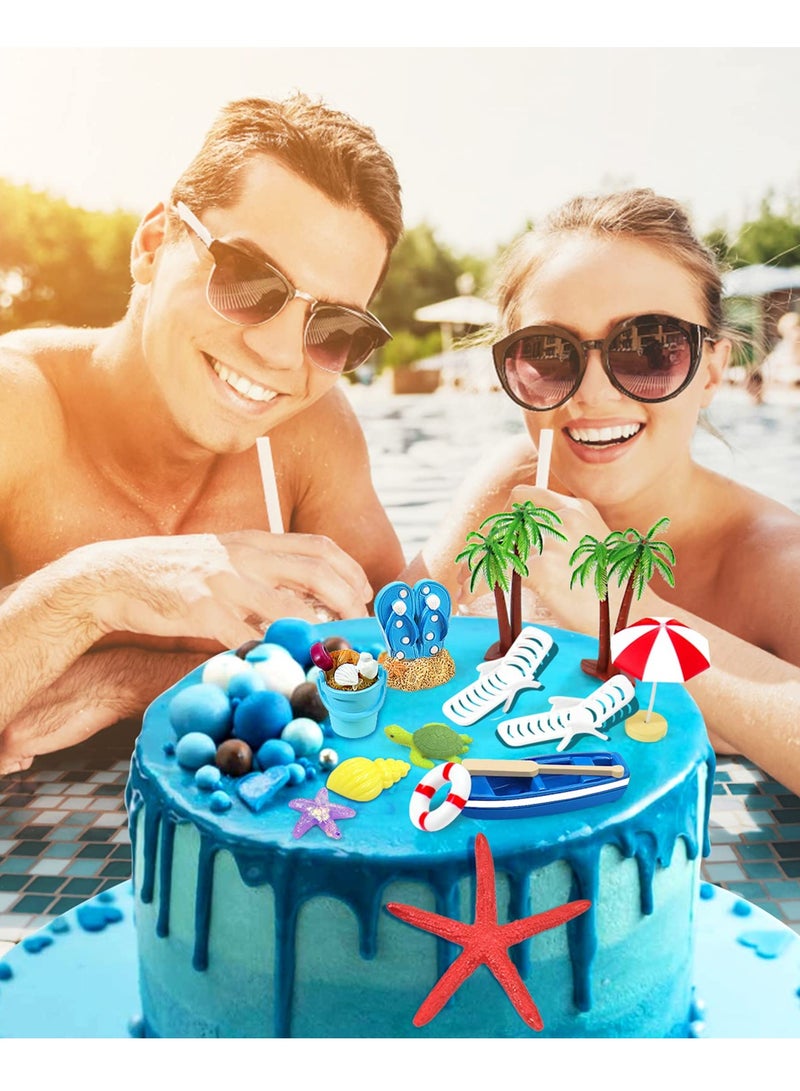 Beach Chair Umbrella Cake Decoration, 15Pieces Summer Ocean Cake Toppers, Tropical Hawaiian Aloha Luau Theme Party Decorations Supplies for Pool Party Birthday Weddings Baby Shower  - Image 4