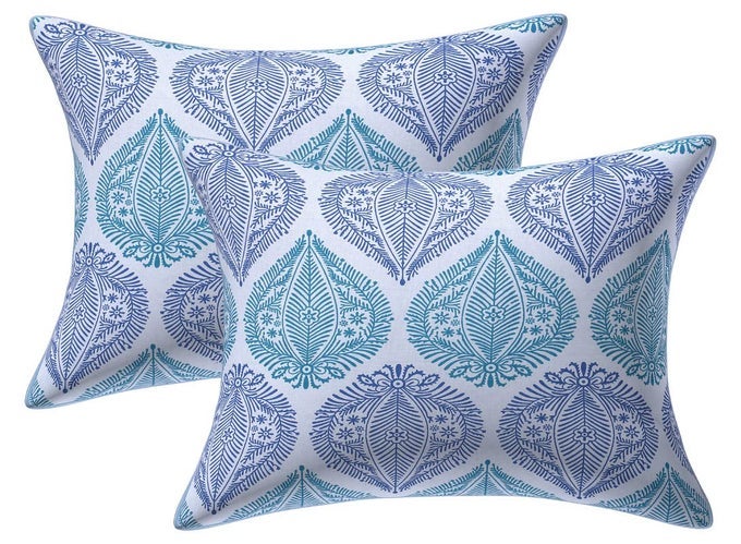 ABSTRACT PURE COTTON SET OF 2 PCS JAIPURI PRINT 12 X 18 SMALL CUSHION PILLOW COVERS BLUE