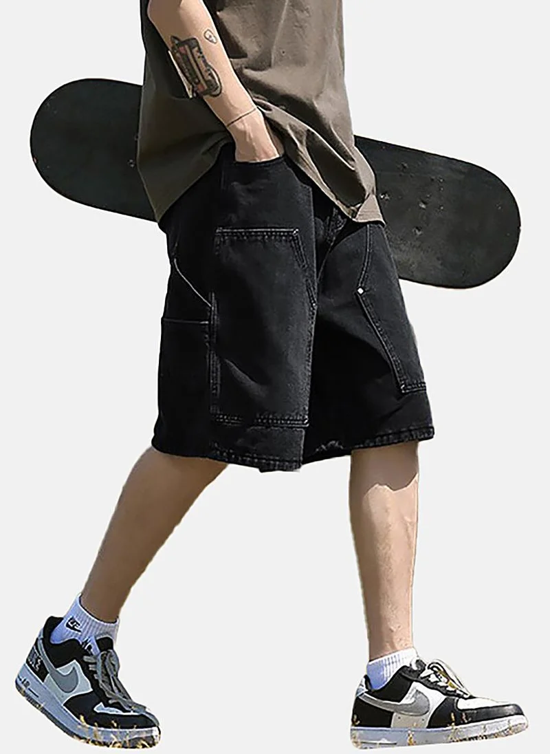 يونيكي Black Mid Rise Soild Relaxed Fit Shorts