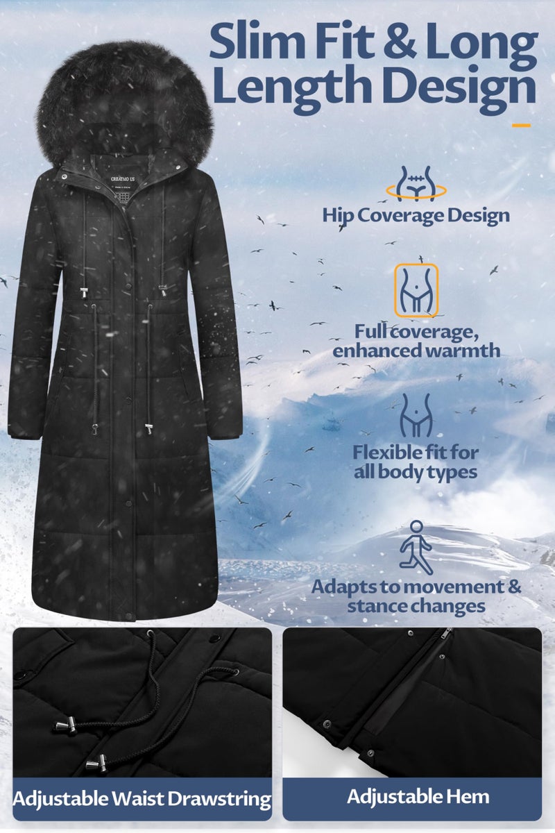 CREATMO US Women's Winter Coats Long Waterproof Puffer Jackets Hooded Zip Up Thickened Parka Down Alternative Fashion Warm Snow Coat Black 2XL - Image 3