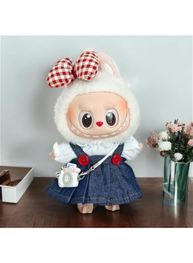 Doll Clothes Accessories, White Lace Top + Red on Denim Suspender Skirt + Red Bow + White Cartoon Camera for 17cm Labubu Dolls - Image 3