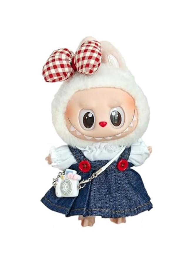 Doll Clothes Accessories, White Lace Top + Red on Denim Suspender Skirt + Red Bow + White Cartoon Camera for 17cm Labubu Dolls - Image 1