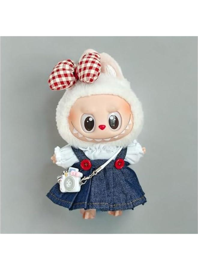 Doll Clothes Accessories, White Lace Top + Red on Denim Suspender Skirt + Red Bow + White Cartoon Camera for 17cm Labubu Dolls - Image 4