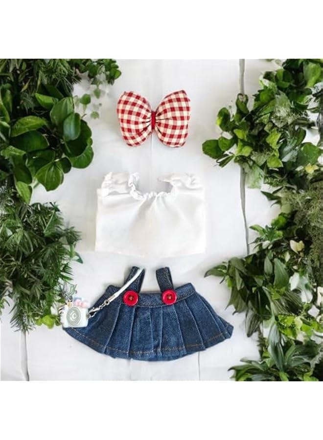 Doll Clothes Accessories, White Lace Top + Red on Denim Suspender Skirt + Red Bow + White Cartoon Camera for 17cm Labubu Dolls - Image 2