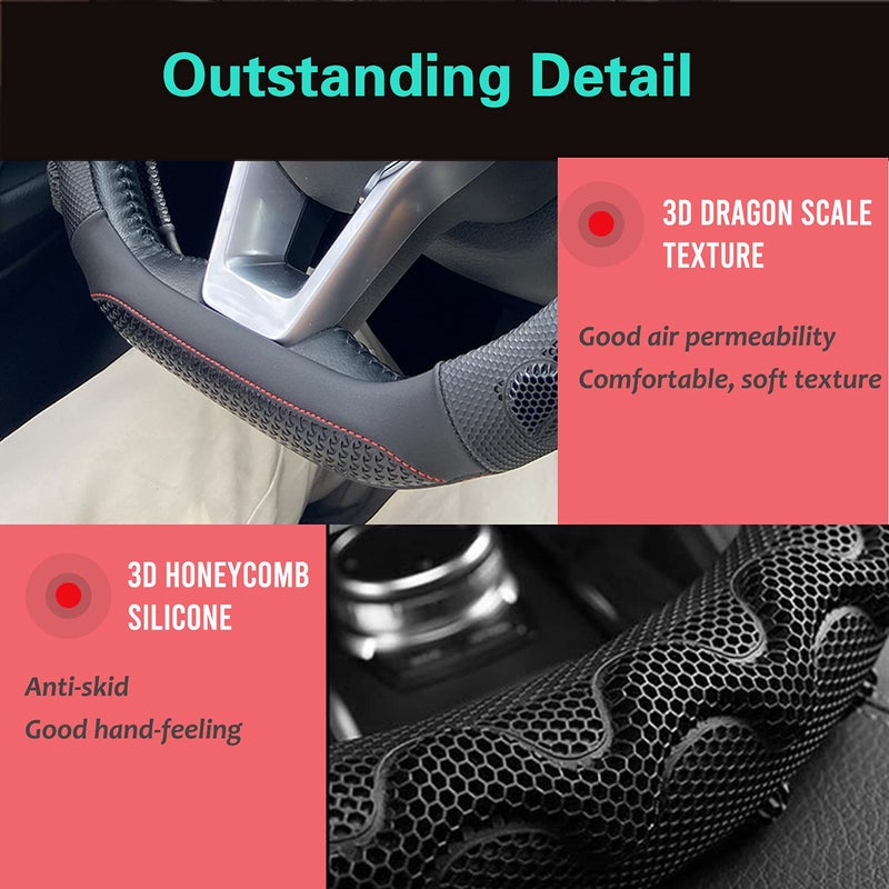 PINCTROT D Shaped 14.5-15 Inch Steering Wheel Cover Great Grip with 3D Honeycomb Anti-Slip Design, Flat Bottom 14.5-15 Inch (Black/Red Stitch) - Image 3