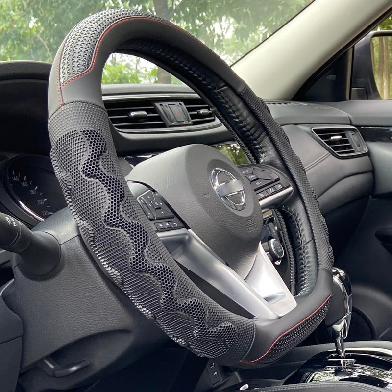 PINCTROT D Shaped 14.5-15 Inch Steering Wheel Cover Great Grip with 3D Honeycomb Anti-Slip Design, Flat Bottom 14.5-15 Inch (Black/Red Stitch) - Image 1