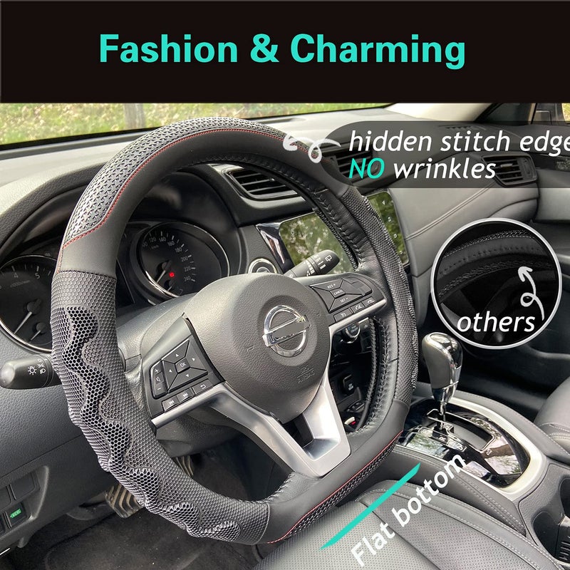 PINCTROT D Shaped 14.5-15 Inch Steering Wheel Cover Great Grip with 3D Honeycomb Anti-Slip Design, Flat Bottom 14.5-15 Inch (Black/Red Stitch) - Image 2
