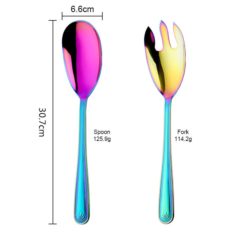 Western-style Tableware Bead Point Handle Salad Spoon Fork School Canteen Large Dishes Spoon Household Common Fork Printable logo(Bead Point Salad Spoon + Fork [Magic Color]]) - Image 1