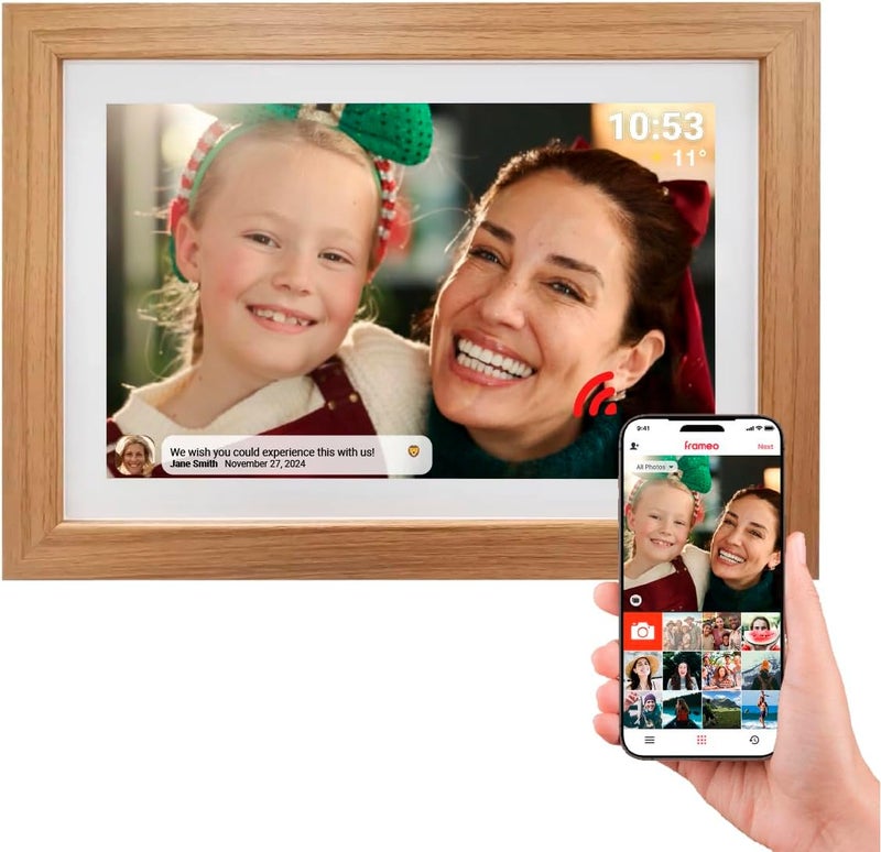 Denver FRAMEO Digital Photo Frame Wood 10.1 Inch with WiFi - FRAMEO Digital Photo Frame with Touchscreen and 16 GB Memory - Electric Picture Frame with App Control - USB & microSD - Light Wood - Image 1
