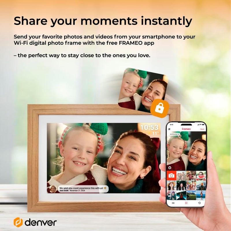 Denver FRAMEO Digital Photo Frame Wood 10.1 Inch with WiFi - FRAMEO Digital Photo Frame with Touchscreen and 16 GB Memory - Electric Picture Frame with App Control - USB & microSD - Light Wood - Image 3