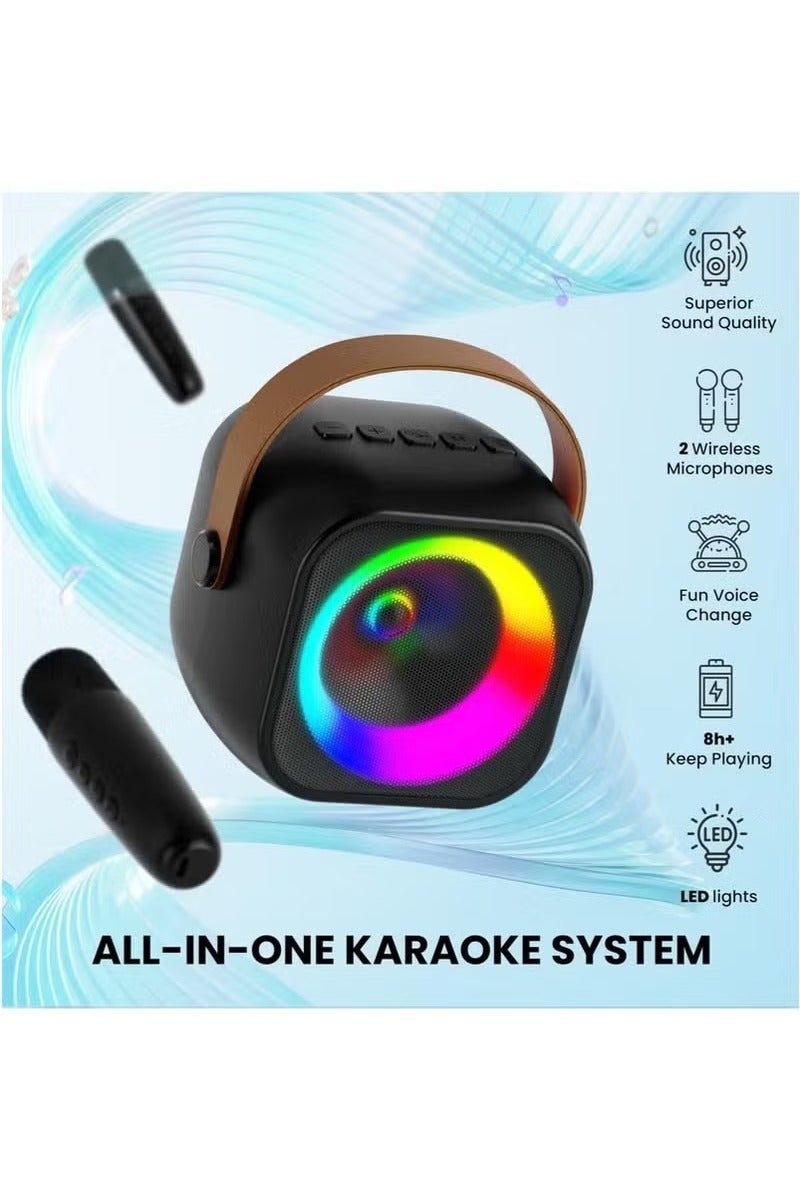 Mini Karaoke Machine, Portable Bluetooth Speaker with Wireless Microphone, Funny Toys for Girls Girls Ages 4-12, Colorful Lights, for Kids Birthday, Home, Portable with Wireless Microphone Black - Image 2