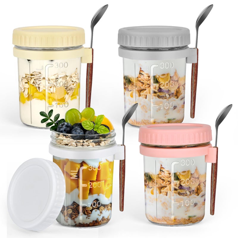 AUFXKOO 4 Pack Overnight Oats Containers with Lids and Spoons,13oz Mason Overnight Oats Jars for Yogurt,Grains,Fruits,Vegetables,Salads - Image 1