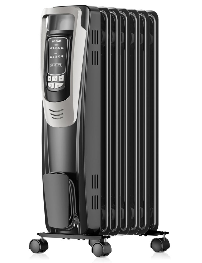 PELONIS Radiator Heater for indoor use Large Room with Remote, Thermostat & LED Display, Quiet Oil Filled Heater with 5 Temperature Settings, Overheat & Tip-Over Protection, Silver - Image 1