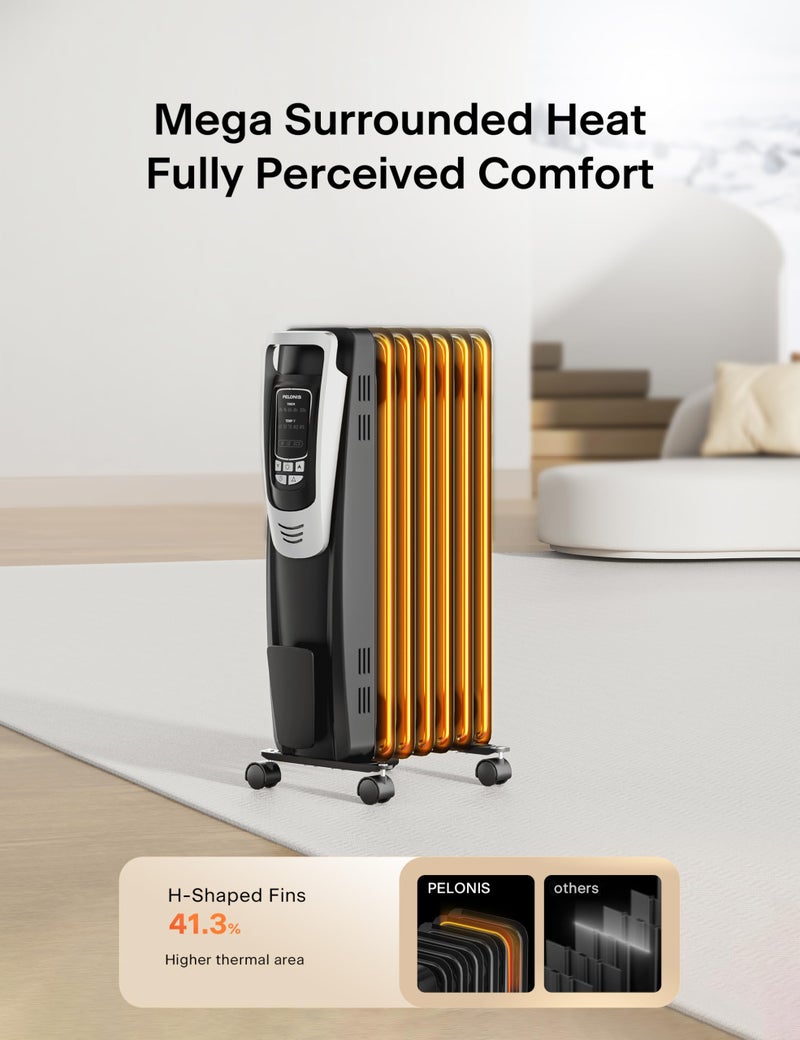 PELONIS Radiator Heater for indoor use Large Room with Remote, Thermostat & LED Display, Quiet Oil Filled Heater with 5 Temperature Settings, Overheat & Tip-Over Protection, Silver - Image 2