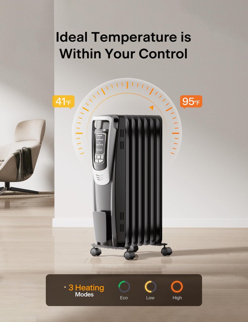 PELONIS Radiator Heater for indoor use Large Room with Remote, Thermostat & LED Display, Quiet Oil Filled Heater with 5 Temperature Settings, Overheat & Tip-Over Protection, Silver - Image 5