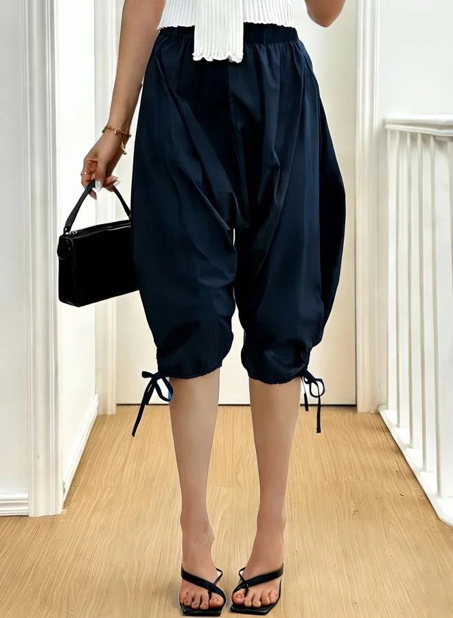 Take Two Dark Blue Casual Solid Drawstring Hem Capris