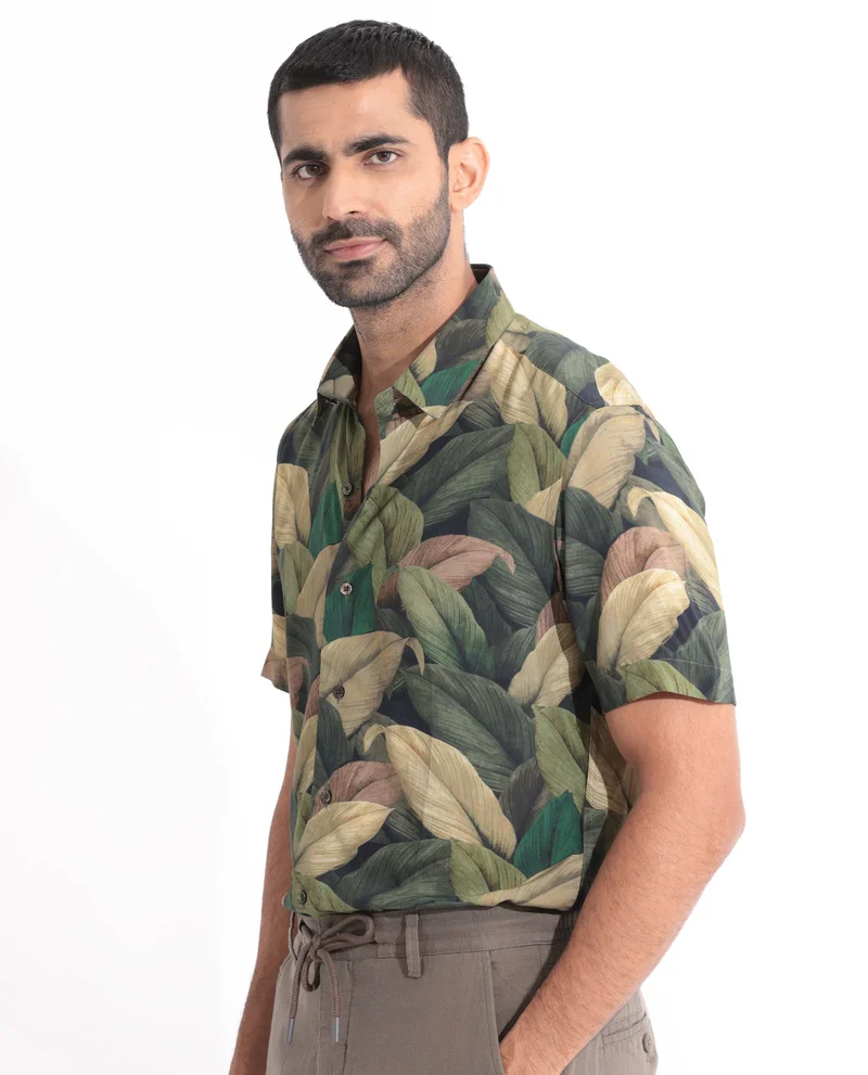 Rare Rabbit Rare Rabbit Men's Growr Green Viscose Fabric tropical Print Half Sleeves Shirt