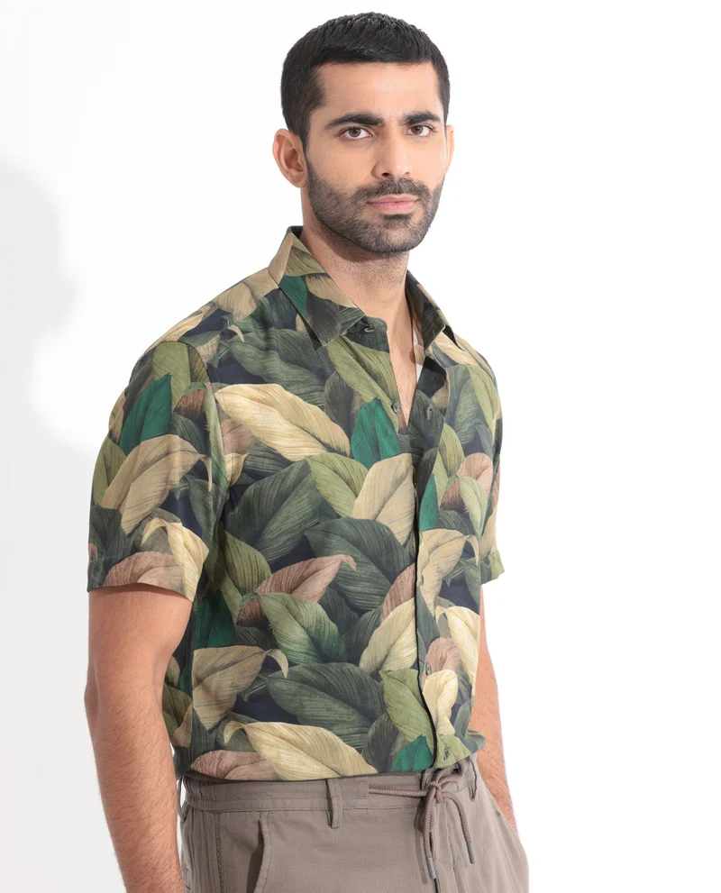 Rare Rabbit Rare Rabbit Men's Growr Green Viscose Fabric tropical Print Half Sleeves Shirt