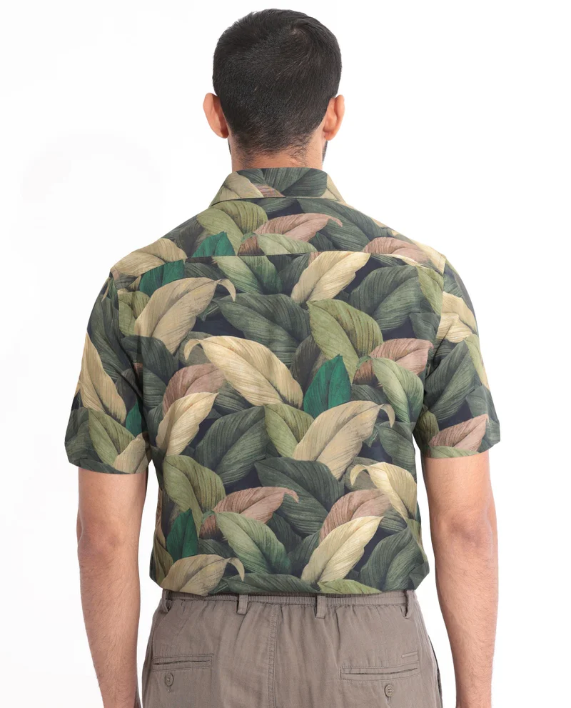 Rare Rabbit Rare Rabbit Men's Growr Green Viscose Fabric tropical Print Half Sleeves Shirt