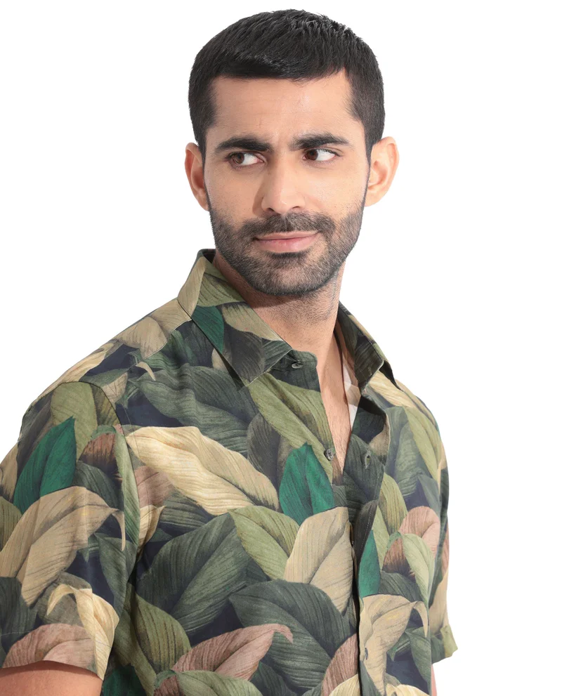 Rare Rabbit Rare Rabbit Men's Growr Green Viscose Fabric tropical Print Half Sleeves Shirt