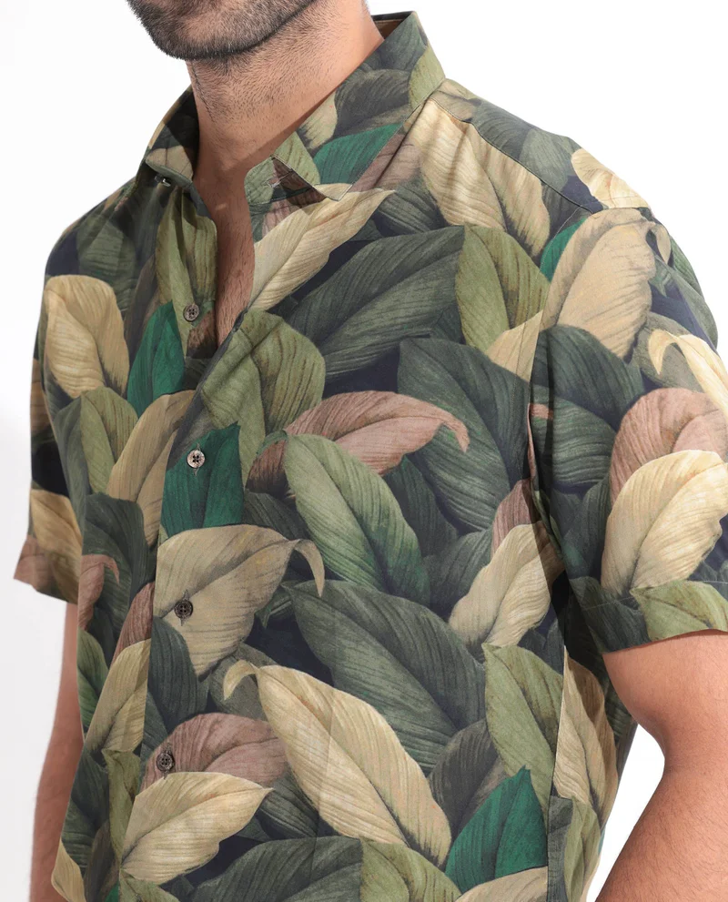 Rare Rabbit Rare Rabbit Men's Growr Green Viscose Fabric tropical Print Half Sleeves Shirt
